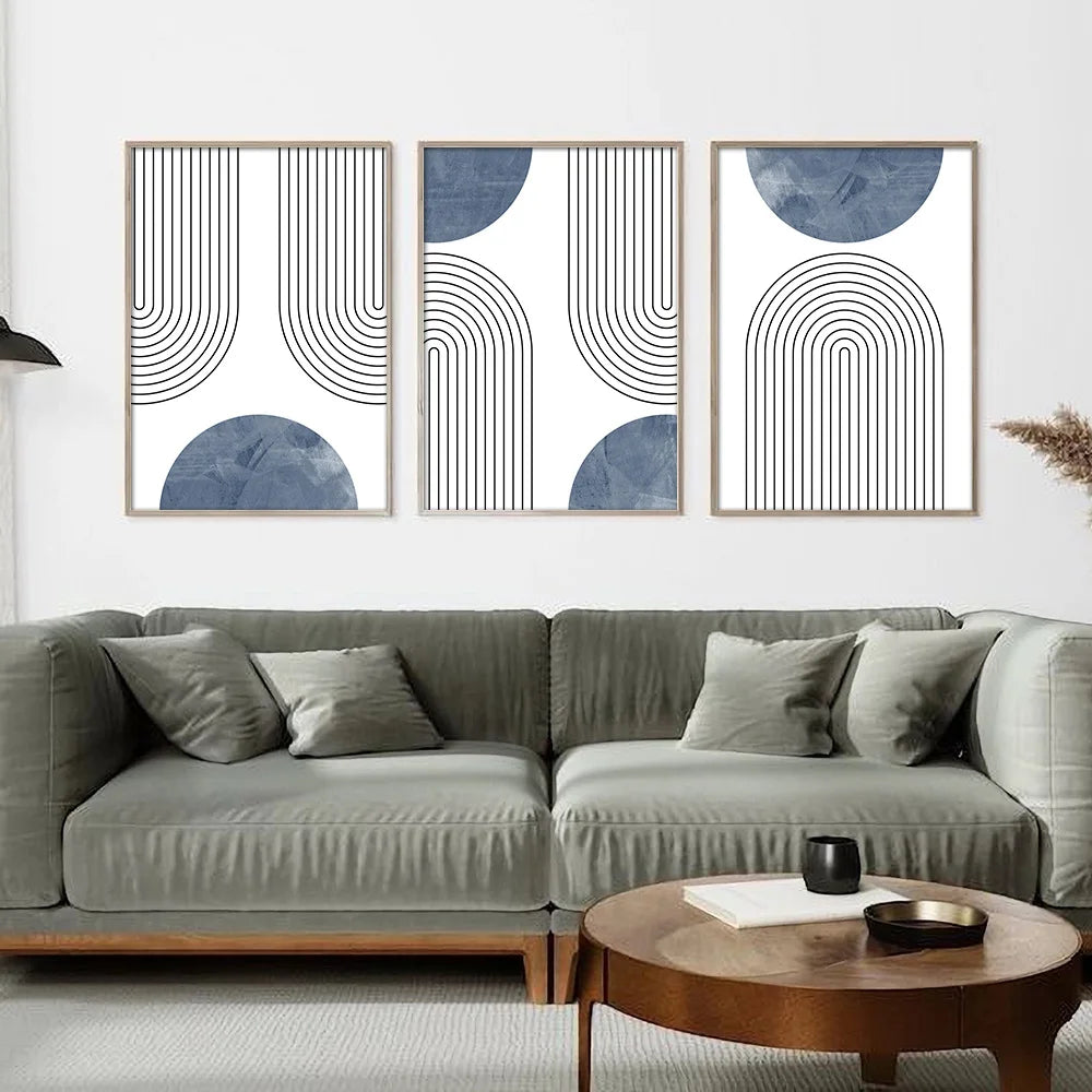 Set of 3 Blue Simple Line Abstract Wall Art