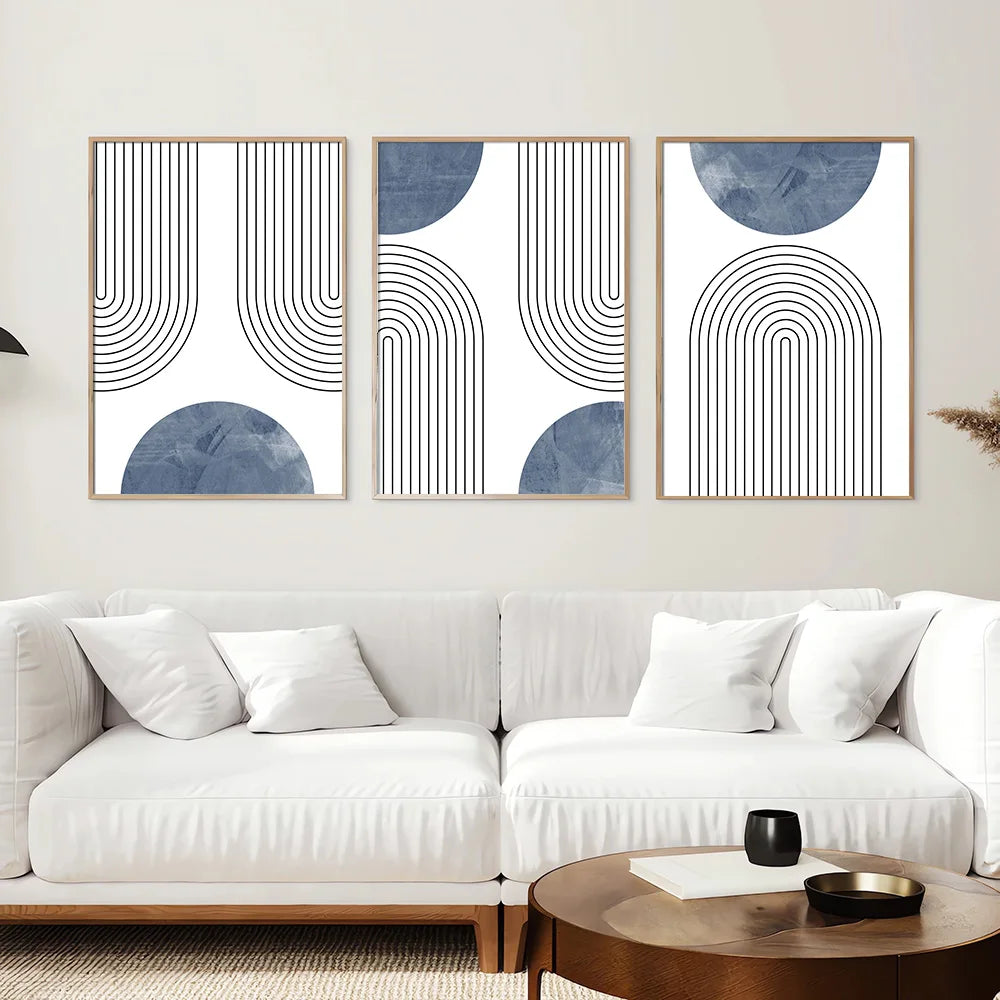 Set of 3 Blue Simple Line Abstract Wall Art