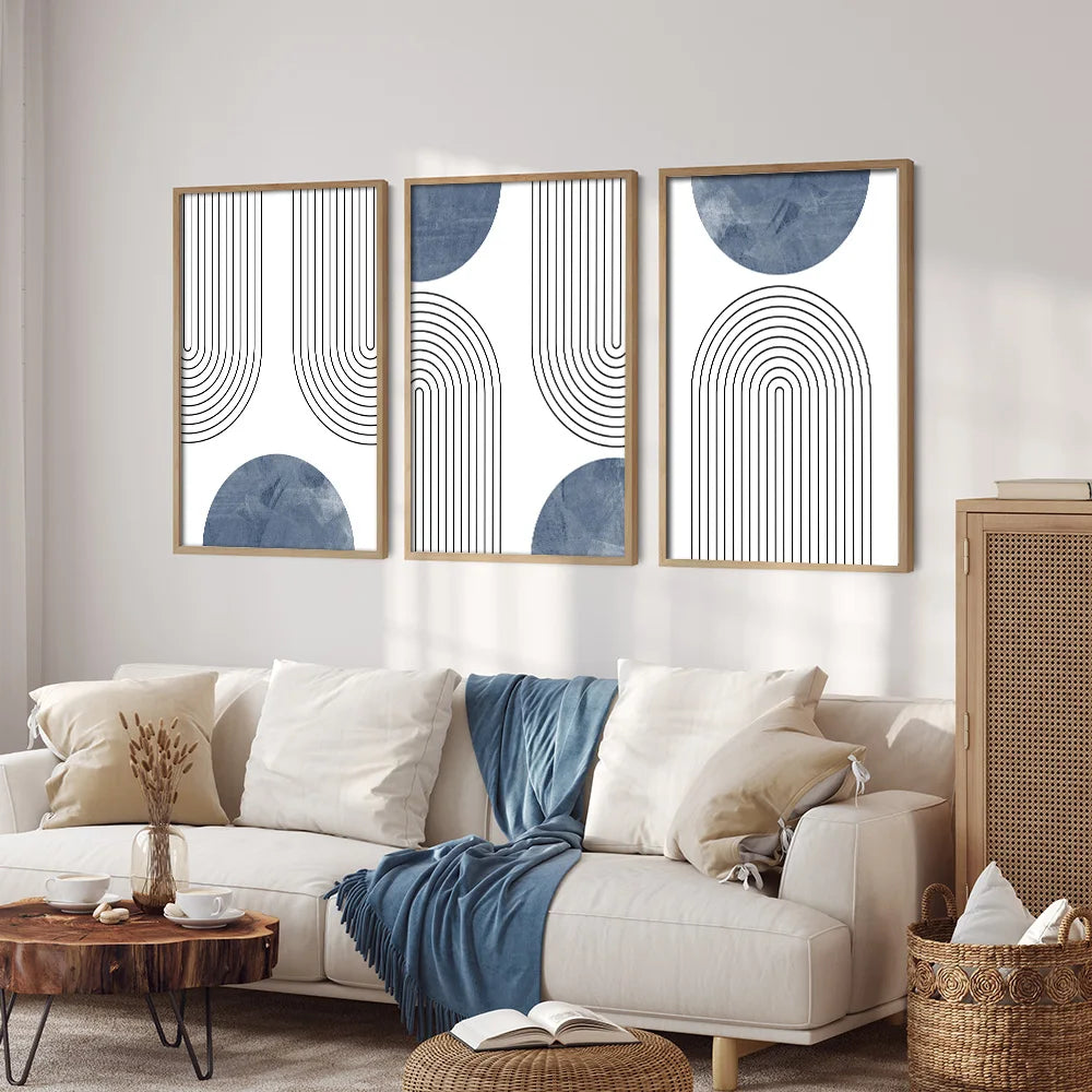 Set of 3 Blue Simple Line Abstract Wall Art