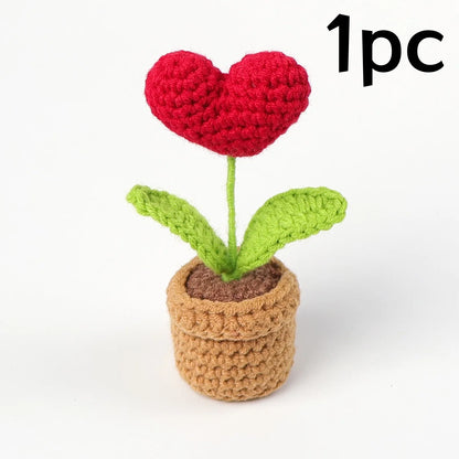 1/2Pcs Handmade Knitted Flower Pot Red Heart Shaped Knit Imitation Potted Plant for Valentine's Day Gifts Home Desktop Decor