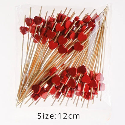 50/100Pcs/set Red Heart Fruit Sticks Disposable Bamboo Sticks Valentines Day Party Supplies Wedding Bridal Shower Birthday Decor