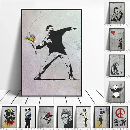 Banksy Graffiti Artwork Canvas Painting Prints Wall Art Pictures Girl with Red Balloon Black White Posters Nordic Home Decor