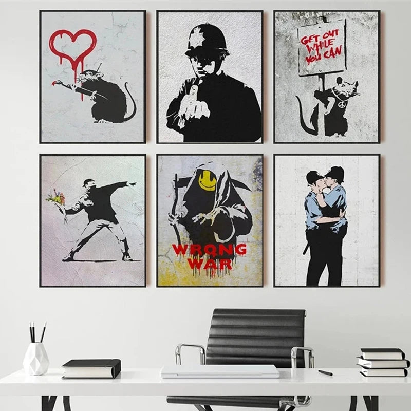 Banksy Graffiti Artwork Canvas Painting Prints Wall Art Pictures Girl with Red Balloon Black White Posters Nordic Home Decor