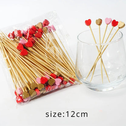 50/100Pcs/set Red Heart Fruit Sticks Disposable Bamboo Sticks Valentines Day Party Supplies Wedding Bridal Shower Birthday Decor