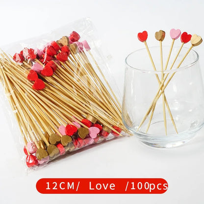 50/100Pcs/set Red Heart Fruit Sticks Disposable Bamboo Sticks Valentines Day Party Supplies Wedding Bridal Shower Birthday Decor