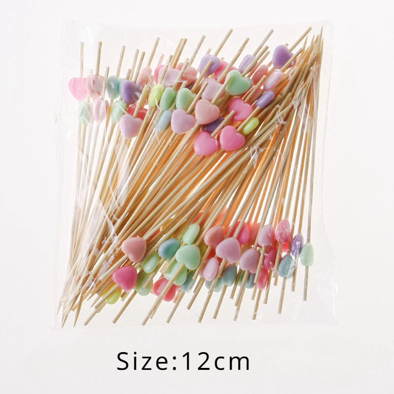 50/100Pcs/set Red Heart Fruit Sticks Disposable Bamboo Sticks Valentines Day Party Supplies Wedding Bridal Shower Birthday Decor